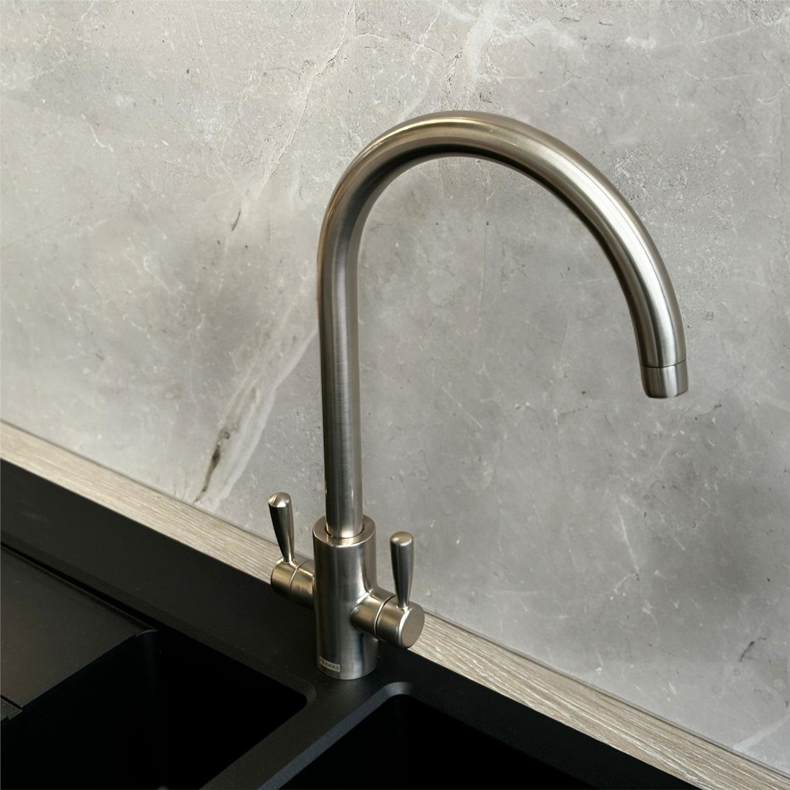 Franke Ascona Swan Neck Swivel Spout Twin Lever Silk Steel Mixer Kitchen Tap